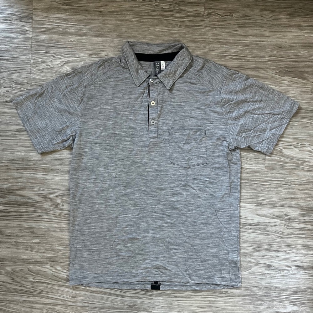 Ibex Mens Large Merino Wool Short Sleeve Polo Shirt Heather Gray Stripe Back